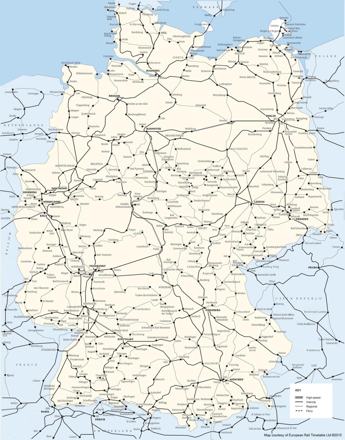 Kaart van de treinlijnen in Duitsland